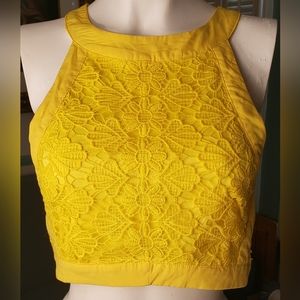 Sweet Yellow Ladies Halter Top Size S Crotcheted Overlay Crop Top.